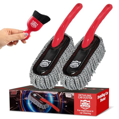 Car Interior Detailing Kit - 2 Red Dusters, Brush | Electrostatic sweep for dash. Cleans vents & narrow gaps scratch-free. Perfect auto care gift box for vehicles. - color: Red
