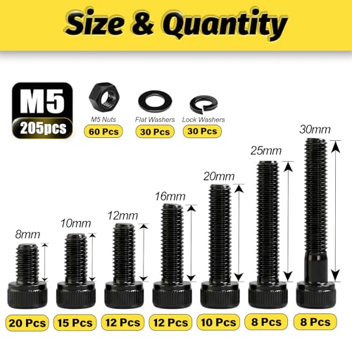Kadrick M5 Screws Kit 205PCS, Socket Head Cap M5 Screw Assortment with Lock Washers for Secure Fastening, Class 12.9 Alloy Steel, Black Zinc Plated M5 Bolts for Mechanical, Automotive & Heavy-Duty Use - size: M5 205Pcs New