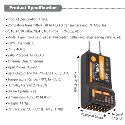 GoolRC Flysky FTr8B Receiver, 2.4GHz 8CH Dual Antenna Receiver with PWM/PPM/i.Bus/S.Bus Output Compatibility with AFHDS 3 Transmitters and RF Modules PL18/PL18 Ultra/NB4+/NB4 Pro+ for RC Car Boat