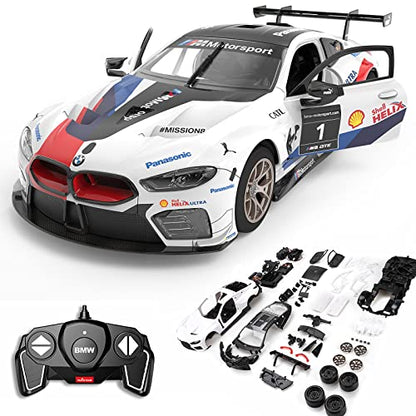 RASTAR Build Your Own RC Car BMW M8 GTE Kit with Remote, Motor & DIY Decals | Officially Licensed, Ideal Gift, 74PCs 1/18 Scale RC Model Car Building Kit with Openable Doors & Working Lights, 97200