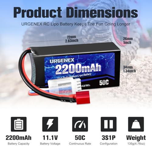 3S Lipo Battery 2200mAh 11.1V 50C High Discharge Rate Shorty Pack RC Battery with Dean-Style T Plug Fit for RC Airplane Quadcopter Helicopter FPV Dron and RC Car Truck Boat