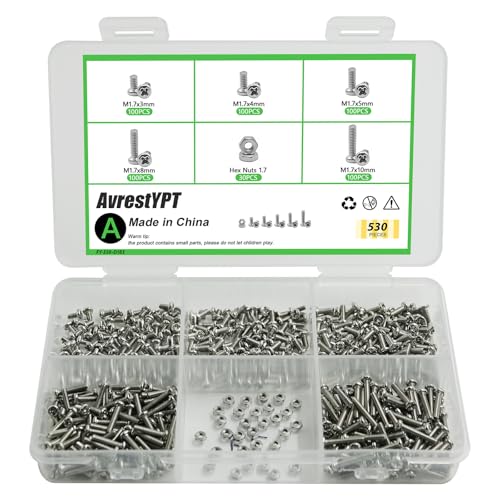 530Pcs 304 Stainless Steel Metric Micro Screws Nuts Assortment, M1.7x3/4/5/6/8mm Sizes, Phillips Pan Head, Fully Threaded Kit for Arduino, RC Models, Electronics, DIY Projects - size: M1.7x3/4/5/6/8-530Pcs