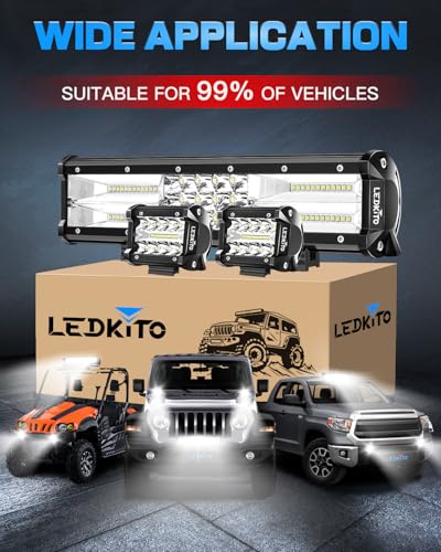 12In LED Light Bar and 2PCS LED Cube Pods Light with Wiring Harness | Spot Flood Combo Beam Triple Row with Rocker Switch Off Road Work Driving Lights for Je-ep Trucks ATV UTV SUV Tractor Pickup - size: LEDKITO 12InCW Light Bar+4In Pod Lights White