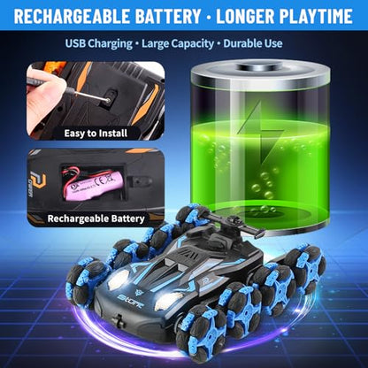 8WD Remote Control Stunt Car with Music Light Mist Spray, RC Drift Car Toys for Kids 6+, 2.4GHz Remote, Double Sided Driving, 360° Spins, Off-Road Stunt Vehicle, Birthday Gifts for Boys Girls - color: Blue