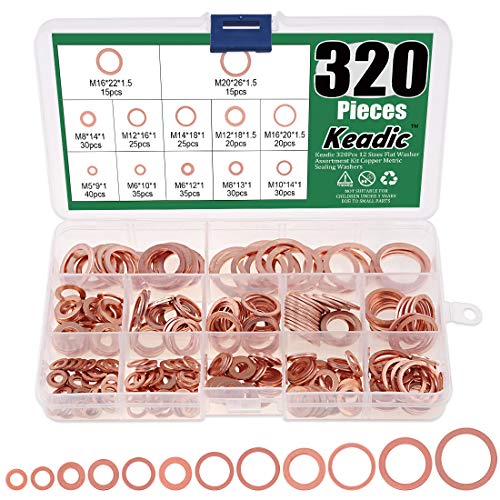 Keadic 320Pcs Copper Washers, 12 Sizes Copper Crush Washer, Coppers Sealing Washers Flat Ring Sump Plug Oil Seal Gasket Flat Washers Assortment Kit for Automotive M6 M8 M10 M12 M14 M16 M18 M20 - color: Copper Flat Washer - 320Pcs
