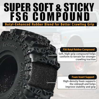 0.7” FS6 Super Soft Crawler Tires, 40×16mm Micro Scale Rubber Tires with Foam Inserts, Compatible with Axial SCX30 Redcat Ascent-32 1/30–1/32 RC Crawler Upgrades (4PCS)