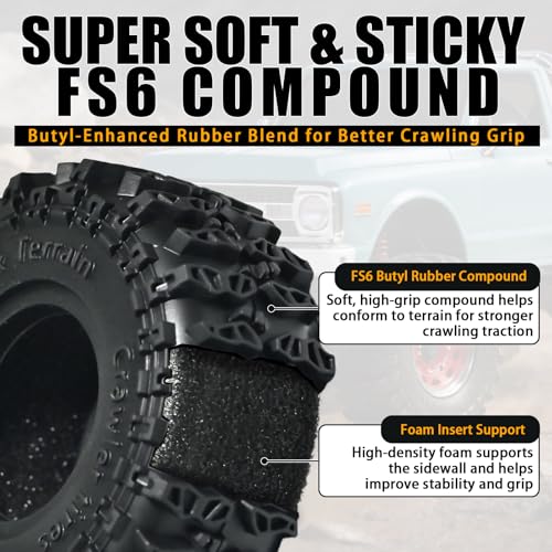 0.7” FS6 Super Soft Crawler Tires, 40×16mm Micro Scale Rubber Tires with Foam Inserts, Compatible with Axial SCX30 Redcat Ascent-32 1/30–1/32 RC Crawler Upgrades (4PCS)