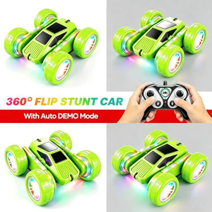 HOMETALL Remote Control Car - 360° Flips RC Stunt Car（Green） | LED Lights Strips, Type-C Charge Modular Battery, 2.4 GHZ Double Sided