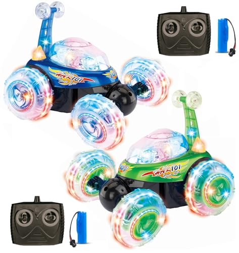 Haktoys 2-Pack Rechargeable RC Tornado Stunt Cars – Remote Control Flip Trucks with 360° Spins & Turbo Twister Action | Double-Sided Stunt Vehicles for Kids Toddlers Boys & Girls (Green & Blue) - color: Blue & Green