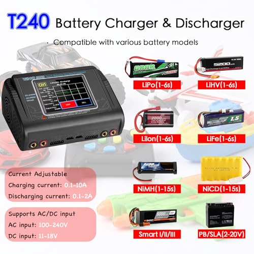 T240 Battery Charger Discharger for LiPo/LiHV/Life/NiMH/NiCd, 3.2’’ Large Touchscreen & Dual Port Available, AC/DC Input & 0.1-10A Adjustable Current