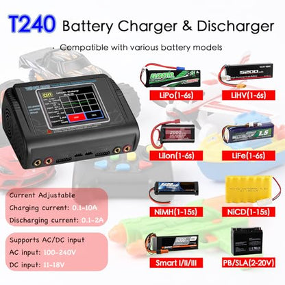T240 Battery Charger Discharger for LiPo/LiHV/Life/NiMH/NiCd, 3.2’’ Large Touchscreen & Dual Port Available, AC/DC Input & 0.1-10A Adjustable Current