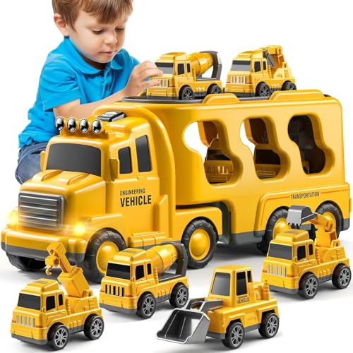 JUKUDAHU Construction Trucks for Kids 3-5 Years Old - Transport Vehicle | 1 Carrier Trucks for Kids with 4 Car Toy, Kids Excavator Crane, Sound and Light, 3+ Year Old Boy Gifts Birthday Toy - style: 5 IN 1 Construction Truck
