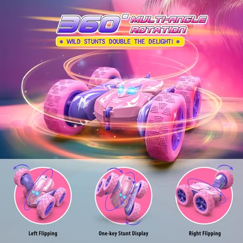 Excitobo Remote Control Car,RC Cars for 4 5 6 7 8 9 10 11 12 Year Old Girl Double Sided 360°Flip 4WD Rechargeable Drift RC Race Car Girls Toys Birthday Gifts Easter Basket Stuffers for Kids Age 4-12 - color: Pink