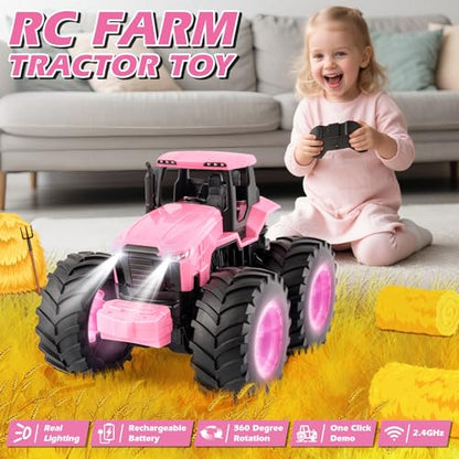 BAYSING Remote Control Monster Tractor Toy, Pink Light Up Monster Truck Toy | LED Lights Toddlers RC Farm Vehicle for 3, 4, 5, 6, 7 years old Boys ＆ Girls Ideal Christmas, Birthday Gifts for Kids - color: Pink