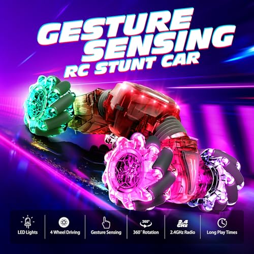 Tecnock Remote Control Car for Boys Girls, 2.4GHz 4WD Gesture Sensing RC Stunt Car Toys - 360° Rotating Double Sided Hand Controlled RC Cars with LED Lights, Gifts for Kids Ages 6-8, 8-12 - color: Deep Red