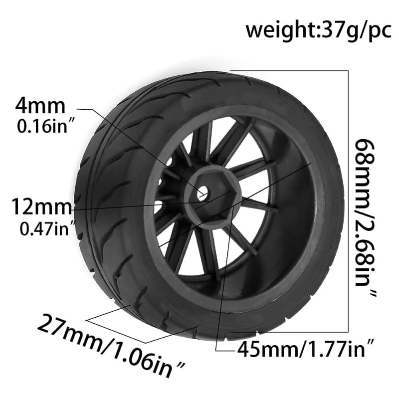 4PCS 68MM 1/10 RC On Road Tyres For 1/10 Scale RC Drift Cars Tamiya TT01 TT02 XV01 TA06 PTG2 HPI KYOSHO FW06 HSP TA06 A959 Traxxas W212 /Hex:12mm (Black) - color: Black