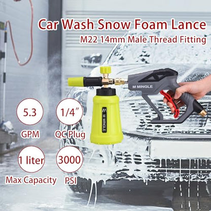 M MINGLE High Pressure Washer Gun Snow Foam Lance, 4000 PSI, 1 Liter | Foam Blaster with 1/4" Quick Connector, Car Wash Foam Cannon Kit with 5 Nozzle Tips & M22 Adapter, Generates Thick Foam - color: yellow