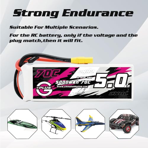 CNHL 5000mAh 6S Lipo Battery 22.2V 70C Soft Case with XT90 Plug for RC Car Airplane Truck Boat Racing Drone(2 Packs