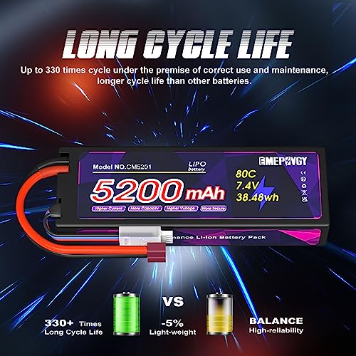 7.4V Lipo Battery 2S 5200mAh 80C Lipos Hard Case with T Connector for RC Car Trucks 1/8 1/10 RC Vehicles(2 Packs) - color: T