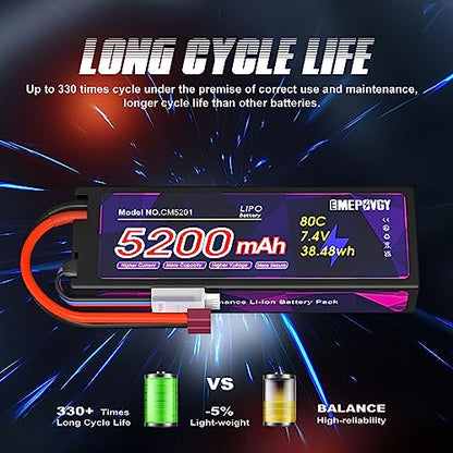 7.4V Lipo Battery 2S 5200mAh 80C Lipos Hard Case with T Connector for RC Car Trucks 1/8 1/10 RC Vehicles(2 Packs) - color: T