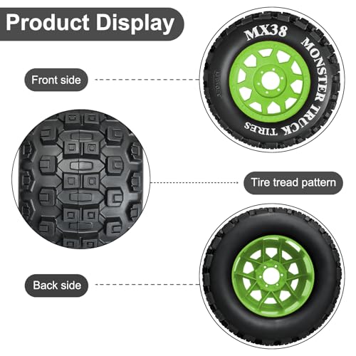 LRFHL MX38 F/R 3.8" RC Tires and Wheels with 17mm Hex Adapter, 4PCS, Green | 1/7 1/8 RC Monster Truck Tires, for Arrma Notorious Outcast Kraton 6S Traxxas E-Revo RC Car Upgrade - color: Black Tires+ Green Wheels