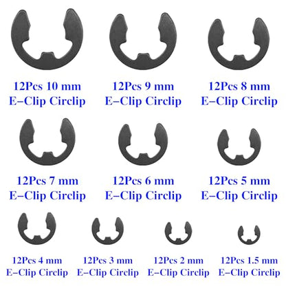 120Pcs Steel E-Clip Assortment Kit External Circlip Snap Rings E Clip (1.5mm-10mm) for Bearings Gears Pulleys Axles RC Shaft U Joint