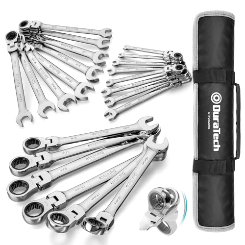 DURATECH Flex Head Ratcheting Wrench Set, 22-piece, Metric & SAE | Combination Wrench Set, 1/4" to 3/4" & 6-18mm, CR-V Steel, Mirror Polished, With Pouch - size: 1/4"-3/4" & 6mm-18mm