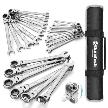 DURATECH Flex Head Ratcheting Wrench Set, 22-piece, Metric & SAE | Combination Wrench Set, 1/4" to 3/4" & 6-18mm, CR-V Steel, Mirror Polished, With Pouch - size: 1/4"-3/4" & 6mm-18mm