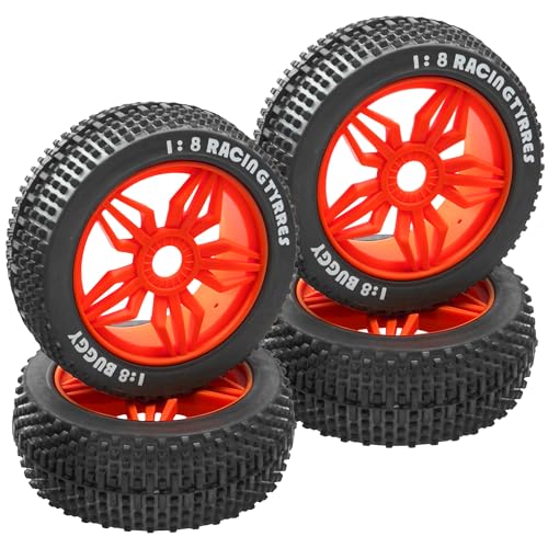 ShareGoo OD 4.52" 1/8 RC Buggy Rubber Tires Tyre w/ 5 Spoke Plastic Rim 17mm Hex Compatible with Arrma Kyosho Exceed RC Traxxas Redcat HSP HPI 1/8 Scale Off Road Car Buggy (Red) - color: Red