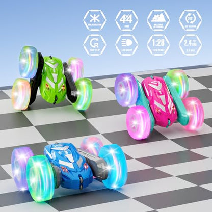 Amicool Remote Control Car for Boys 6-12 with Flashing Lights – 4WD Double-Sided 360° Flip Stunt RC Car | Birthday Indoor & Outdoor Play | Blue - color: Blue