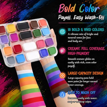 BOBISUKA 18 Color Water-Activated Cream Face Paint Palette, Washable Face & Body Painting Kit with Extra Black & White Pans and Brushes for Halloween, Cosplay, Carnival, SFX & Costume Makeup