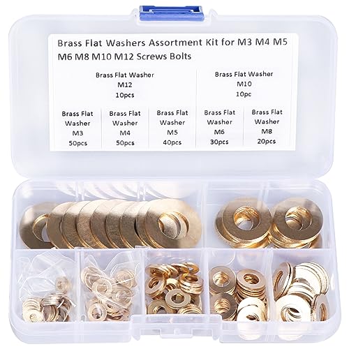 Brass Flat Washer Gasket Kit – 210 Pieces Washers Assortment for M3, M4, M5, M6, M8, M10 and M12 Screws and Bolts
