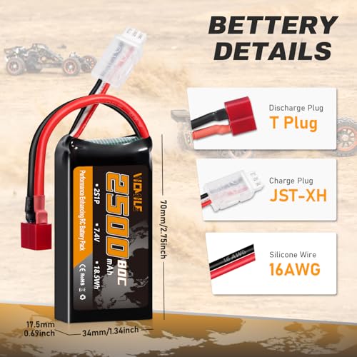 2S Lipo Battery 2500mAh 7.4V 80C High Discharge Rate Shorty Pack RC Batteries with Dean-Style T Plug Fit for RC Airplane FPV Quadcopter Helicopter Drone Racing RC Hobby Model with 1TO2 Charger - style: Dean-Style T