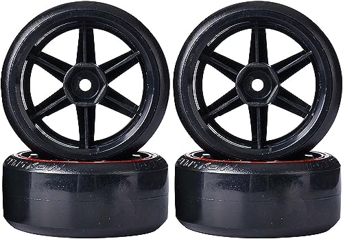 4Pcs 63mm RC Drift Car Tires Hard Tyres Plastic Wheel Rims for 1/10 On-Road Drifting Car for HSP Tamiya HPI Kyosho Spare Parts(Black/Red) - color: Black/Red