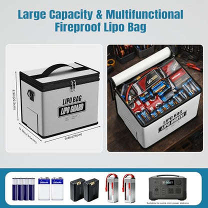 Fireproof Explosionproof Lipo Battery Bag with Shoulder Strap | 5200°F Heat Resistant,Large Capacity,Safe Charging&Battery Storage,RC Drone LiPo Battery Protection, Silver, 9.8x5.5x8.8in