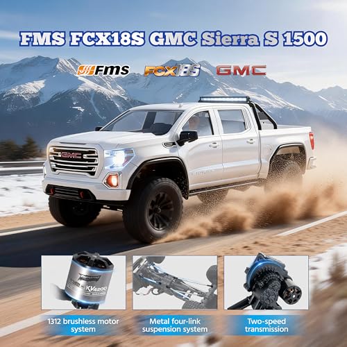 FMS FCX18S GMC Sierra S 1500 RC Crawler, 1/18 Brushless RC Truck 4WD Offroad, Official Licensed GMC Pickup with 2-Speed Transmission, Portal Axles, Metal Gears, ABS Hard Shell, RTR RC Car for Adults