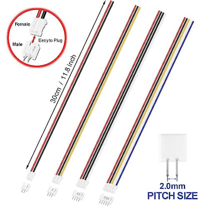 30 Pairs for JST PH 2.0 Connector Kit, 2/3/4/5 Pin Wire to Board Housing Male and Female Plug Adapter 30cm 26AWG with Socket