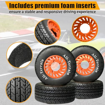 1/10 RC Short Course Truck Rubber Tires & Nylon Rims- 12mm/17mm Hex, Orange | All-Terrain Tires and Wheels Compatible with 1/10 Traxxas Slash 4WD 2WD Arrma Senton Axial Losi Redcat RC Buggy, 4-Pack - color: Orange