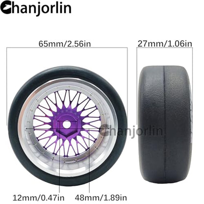 1/10 RC Drift Smooth Tires OD 2.56" & Aluminum Wheels 12mm Hex Hard Drift Racing Tyres for 1:10 1/12 Rally Street On Road Touring Car TT01 TT02 XV02 XV01 TA06 KYOSHO PTG2 4PCS (Purple) - color: Purple