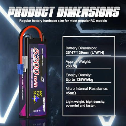 7.4V Lipo Battery 2S 5200mAh 80C Lipos Hard Case with EC3 Connector for RC Car Trucks 1/8 1/10 RC Vehicles(2 Packs) - color: EC3