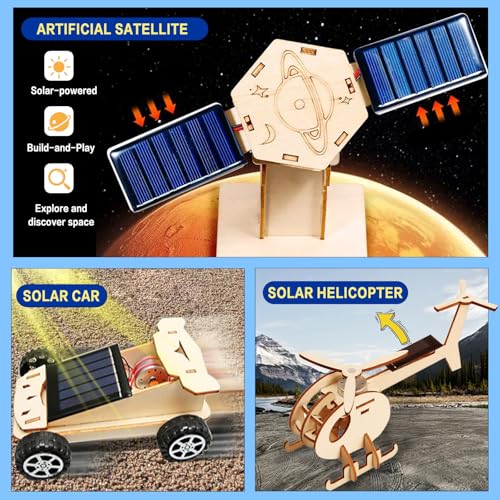 6-in-1 Solar STEM Building Kit, Wooden DIY Construction Set with Satellite, Helicopter, Cars, Educational Science Toy for Kids Ages 6-14 Years (1)