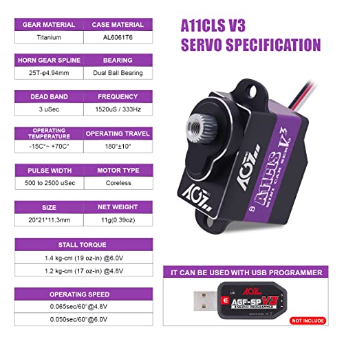 AGFRC Mini-Z Car 0.05Sec High-Speed RC Micro Servo Motor (A11CLS V3) | 1.4kg Torque, Titanium Gear, Coreless Motor, Programmable, Fits Mini-Z, 1/24-1/28 Scale RC Cars. 20x21x11.3mm, 11g - style: A11CLS V3 Purple