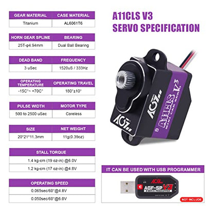 AGFRC Mini-Z Car 0.05Sec High-Speed RC Micro Servo Motor (A11CLS V3) | 1.4kg Torque, Titanium Gear, Coreless Motor, Programmable, Fits Mini-Z, 1/24-1/28 Scale RC Cars. 20x21x11.3mm, 11g - style: A11CLS V3 Purple