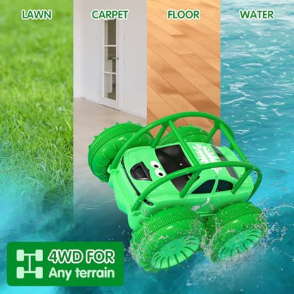 Remote Control Car, Fast Direct Charging RC Cars Amphibious Rechargeable Stunt Car 360° Rotating LED 2.4Ghz 4WD All Terrain Water-Resistant Toy Christmas Birthday Gift for Kids Boys - color: Green