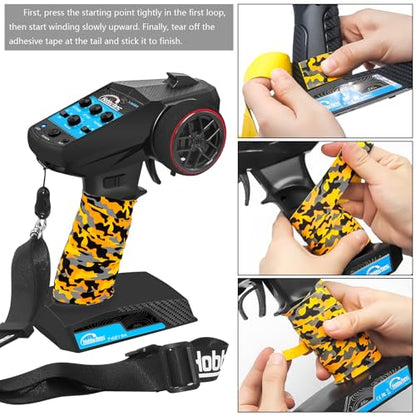 RC Radio System 4CH 2.4G RC Transmitter with Receiver and Lanyard & Sweat Absorbed Non-Slip Band Anti-Jamming Remote Controller for 1/10 1/12 1/14 1/16 1/18 1/24 RC Car Crawler Boat, Blue - color: Blue, W/ Orange Band