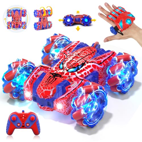 Spider Gesture Sensing Remote Control Car Birthday Gift for Boy 3-12 | Double Sided RC Cars, Full-Body Light, 2.4GHz Hand Controlled, Rechargeable RC Stunt Car - color: Red