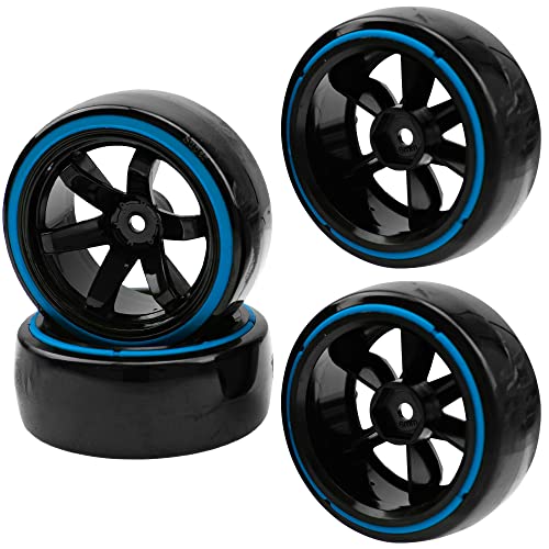 1/10 RC Drift Car Tires Hard Plastic Tyre & 12mm Hex Hub Wheel Rims 6 Spoke Compatible with Traxxas HSP Tamiya Kyosho HPI Redcat Racing MST 1/10 On-Road RC Drift Drifting Car (Blue) - color: Blue