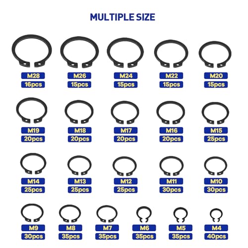 Boatsea 500Pcs External Circlip Snap Retaining Clip Rings Assortment Kit, Alloy Steel Snap Ring Shop Assortment Set, 21 Sizes External Retaining Rings of M4-M28 - size: C-Clip 500PCS