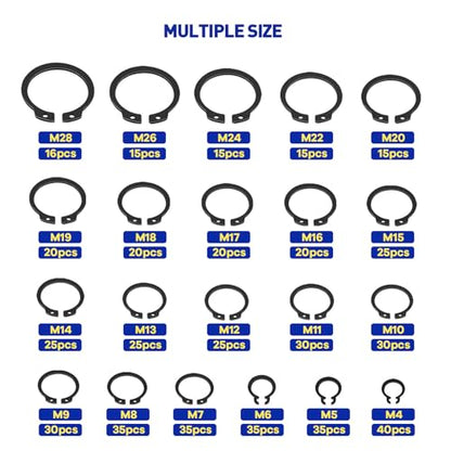 Boatsea 500Pcs External Circlip Snap Retaining Clip Rings Assortment Kit, Alloy Steel Snap Ring Shop Assortment Set, 21 Sizes External Retaining Rings of M4-M28 - size: C-Clip 500PCS