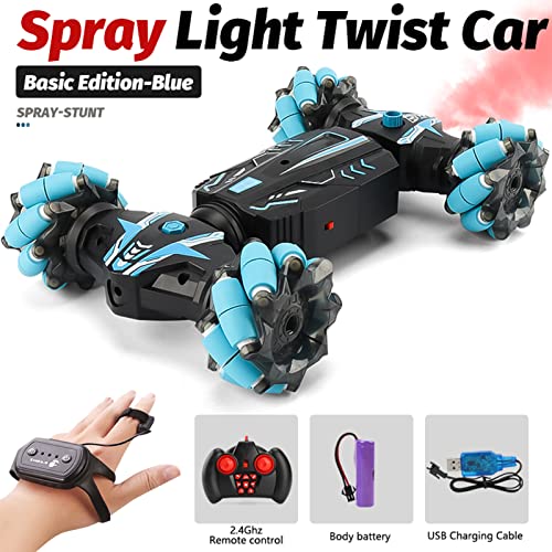 GoolRC Gesture Sensing RC Stunt Car with Light & Music, 4WD 2.4GHz Remote Control Car, Hand Controlled RC Cars with Double Sided 360?Rotating and Cool Spray (Blue)